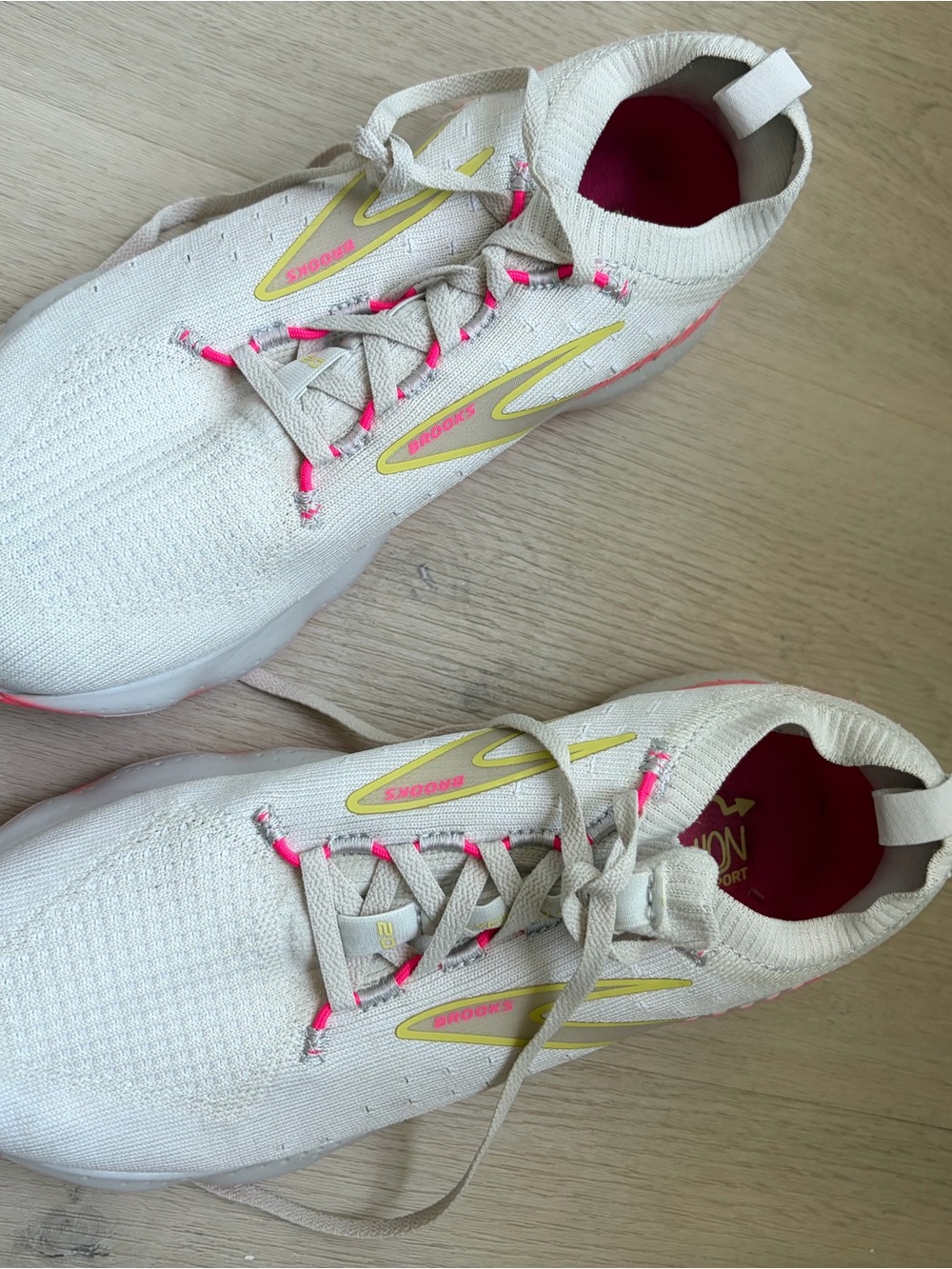 Brooks Women's Knit Running Shoes in Cream with Pink & Yellow Accents